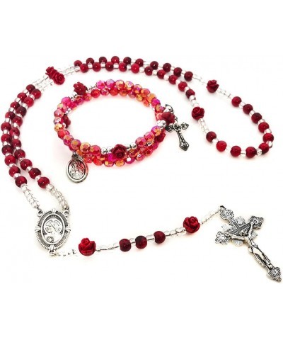 Sacred Heart of Jesus Red Rose Rosary and Rosary Bracelet Set - Rosary & Miraculous Medal Bracelet - Catholic Rosary - Rosari...