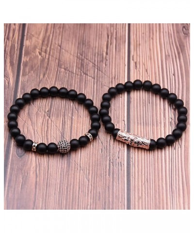 2 PCS 8mm Black Matte Beads Obsibian Black Onyx Stone Bracelets Sets Charm Football Elastic Natural Stone Yoga Bracelet for W...