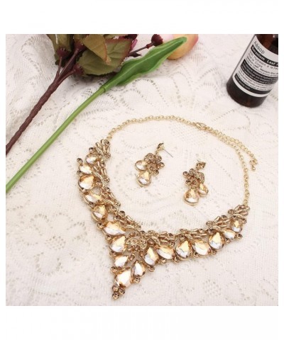 Gold Plated Wedding Bridal Bridesmaid Austrian Crystal Pearl Costume Statement Necklace Dangle Earrings Jewelry Set for Weddi...