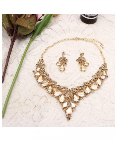 Gold Plated Wedding Bridal Bridesmaid Austrian Crystal Pearl Costume Statement Necklace Dangle Earrings Jewelry Set for Weddi...