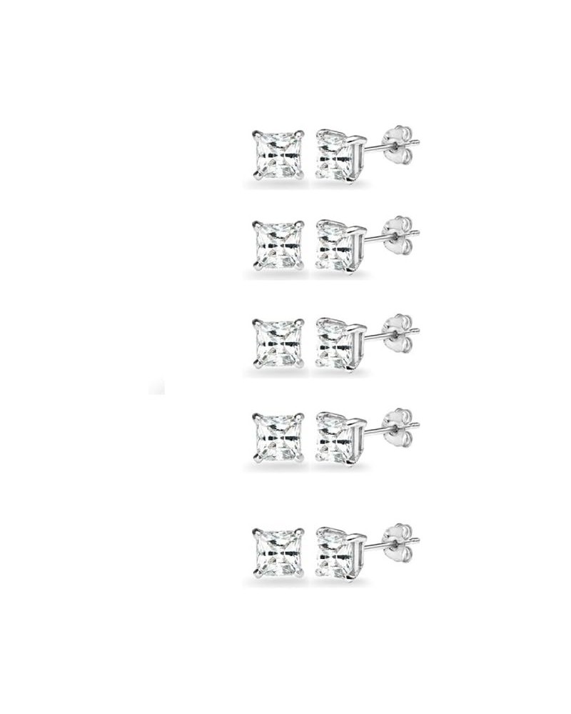 5-Pair Set Sterling Silver Gemstone Princess-Cut 4mm Square Stud Earrings White Topaz $19.75 Earrings