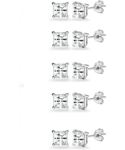 5-Pair Set Sterling Silver Gemstone Princess-Cut 4mm Square Stud Earrings White Topaz $19.75 Earrings