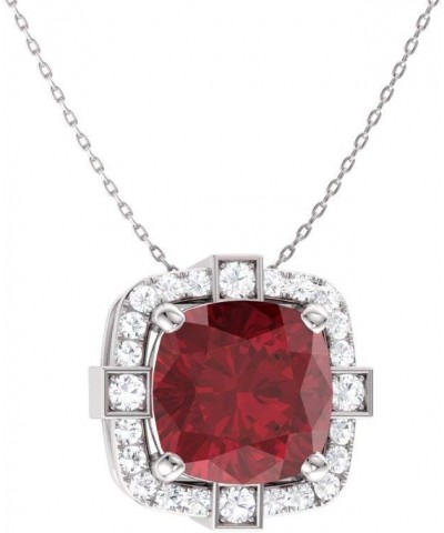 Natural and Certified Cushion Cut Gemstone and Diamond Halo Necklace in 14k White Gold | 0.79 Carat Pendant with Chain Ruby S...