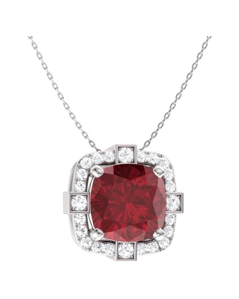 Natural and Certified Cushion Cut Gemstone and Diamond Halo Necklace in 14k White Gold | 0.79 Carat Pendant with Chain Ruby S...