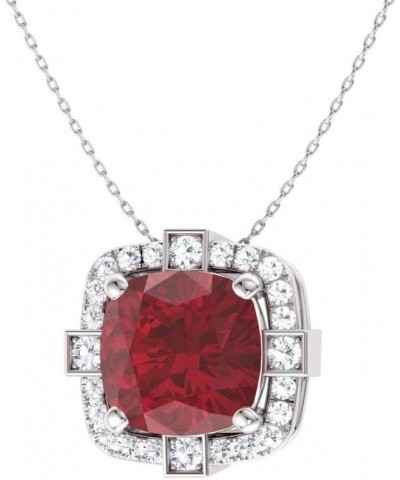 Natural and Certified Cushion Cut Gemstone and Diamond Halo Necklace in 14k White Gold | 0.79 Carat Pendant with Chain Ruby S...