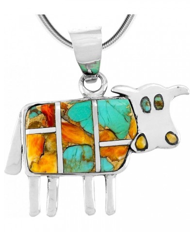 Cow in Turquoise & Gemstone Pendant Necklace in 925 Sterling Silver (18" Length) Spiny Turquoise $22.68 Necklaces