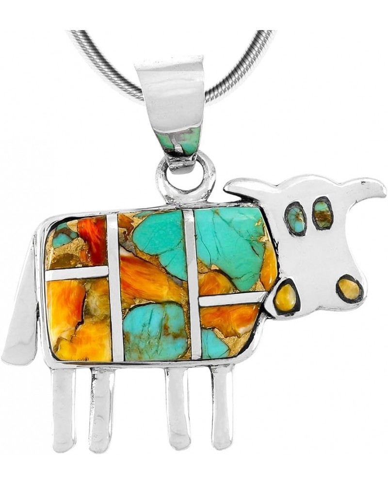 Cow in Turquoise & Gemstone Pendant Necklace in 925 Sterling Silver (18" Length) Spiny Turquoise $22.68 Necklaces