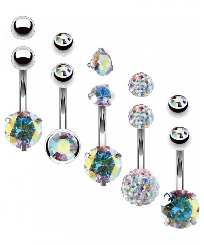 5PC Belly Button Rings Set - 14G Multicolor Surgical Stainless Steel - Shiny CZ Crystals Clear Pink Aqua Black - Replacement ...