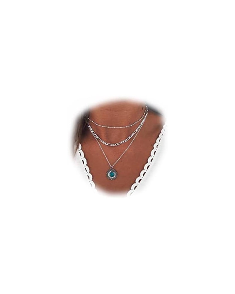 Boho Layered Necklaces Silver Turquoise Pendant Necklace Handmade Beach Chain Jewelry for Women and Girls $5.93 Necklaces