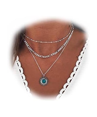 Boho Layered Necklaces Silver Turquoise Pendant Necklace Handmade Beach Chain Jewelry for Women and Girls $5.93 Necklaces