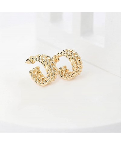 14K Real Gold Plated 925 Sterling Silver Post Triple Row Twisted Rope Round Hoop Earrings for Women 19mm (0.75") Yellow Gold ...