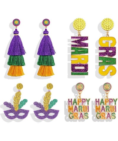 4 Pairs Mardi Gras Earrings for Women Tassel Dangle Earrings for Girls Mardi Gras Mask Earrings for Holiday Party Jewelry Gif...