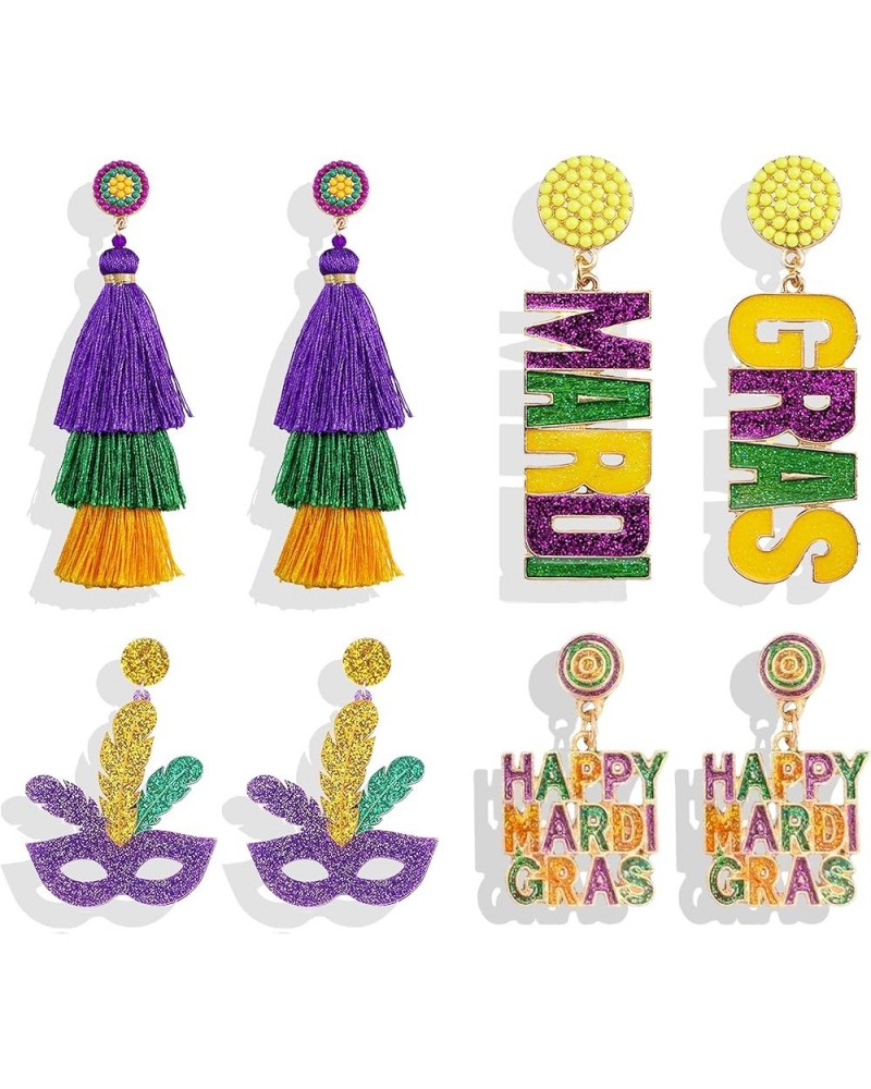 4 Pairs Mardi Gras Earrings for Women Tassel Dangle Earrings for Girls Mardi Gras Mask Earrings for Holiday Party Jewelry Gif...