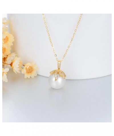 14K Gold Pearl Necklace for Women, Real Yellow Gold 0.35 inch Pearl Pendant Necklace with Cubic Zirconia, for Girls Ladies Mo...