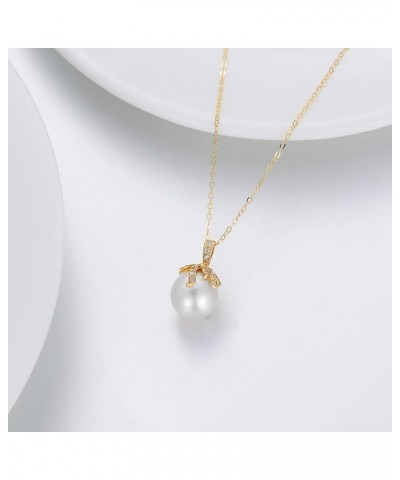 14K Gold Pearl Necklace for Women, Real Yellow Gold 0.35 inch Pearl Pendant Necklace with Cubic Zirconia, for Girls Ladies Mo...