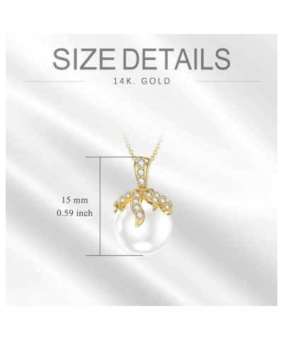 14K Gold Pearl Necklace for Women, Real Yellow Gold 0.35 inch Pearl Pendant Necklace with Cubic Zirconia, for Girls Ladies Mo...