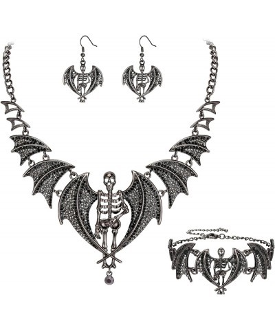 Austrian Crystal Gothic Style Halloween Skull Bat Necklace Earrings Set Necklace+Earrings+Bracelet_Black Black-Tone $9.81 Jew...