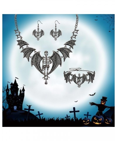 Austrian Crystal Gothic Style Halloween Skull Bat Necklace Earrings Set Necklace+Earrings+Bracelet_Black Black-Tone $9.81 Jew...