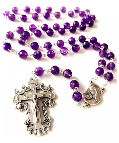 HANDMADE Natural Faceted Amethyst Beads CATHOLIC ROSARY CRUCIFIX NECKLACE GIFT BOX $30.59 Necklaces