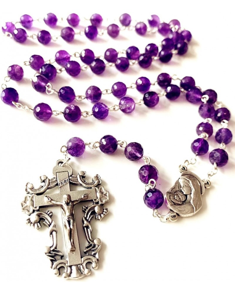 HANDMADE Natural Faceted Amethyst Beads CATHOLIC ROSARY CRUCIFIX NECKLACE GIFT BOX $30.59 Necklaces