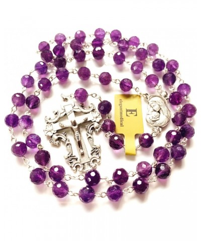 HANDMADE Natural Faceted Amethyst Beads CATHOLIC ROSARY CRUCIFIX NECKLACE GIFT BOX $30.59 Necklaces