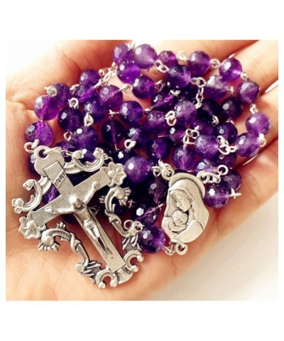 HANDMADE Natural Faceted Amethyst Beads CATHOLIC ROSARY CRUCIFIX NECKLACE GIFT BOX $30.59 Necklaces