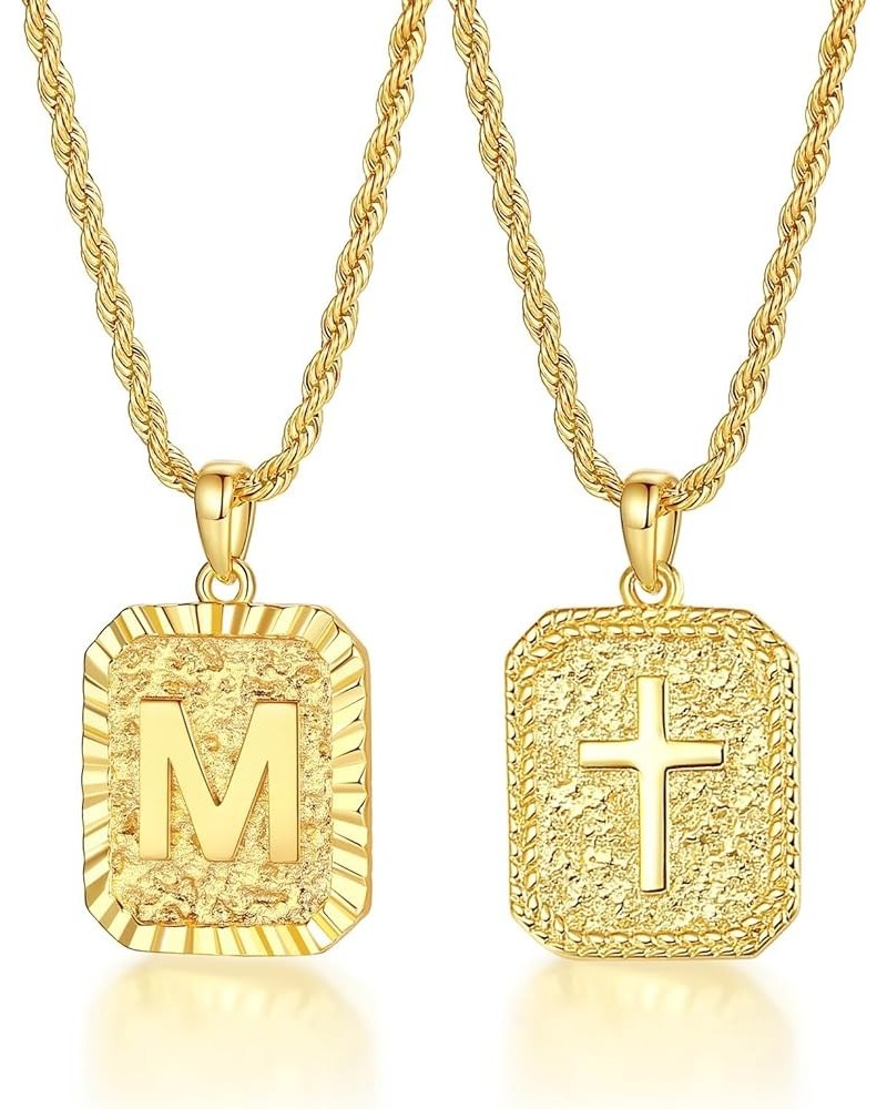 Gold Initial Necklaces for Men and Women, 18K Gold Plated Letter A-Z Cross Pendant with Adjustable Rope Chain, Letter Necklac...