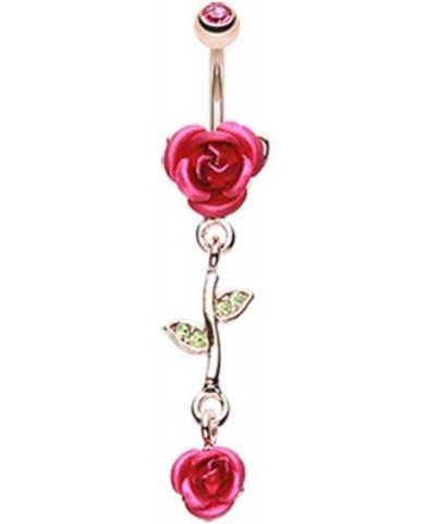 CZ Crystal Leaves and Vine Rose Flower Dangle Belly Button Navel Ring Fuchsia $8.79 Body Jewelry