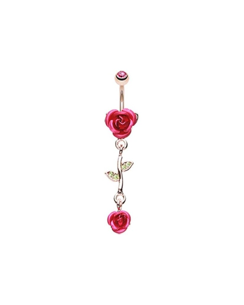 CZ Crystal Leaves and Vine Rose Flower Dangle Belly Button Navel Ring Fuchsia $8.79 Body Jewelry