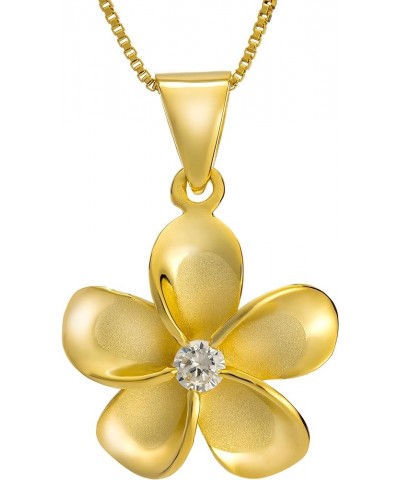 14K Gold Plated 925 Sterling Silver Cubic Zirconia Hawaiian Plumeria Flower Necklace Pendant with 18" Box Chain, Nickel Free ...