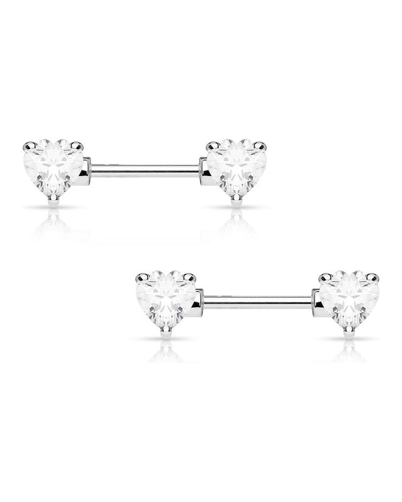 Pair of Nipple Barbells 14G Surgical Steel with Heart Shaped Prong Set CZ Gems Clear $7.30 Others