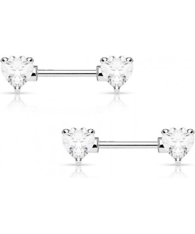 Pair of Nipple Barbells 14G Surgical Steel with Heart Shaped Prong Set CZ Gems Clear $7.30 Others