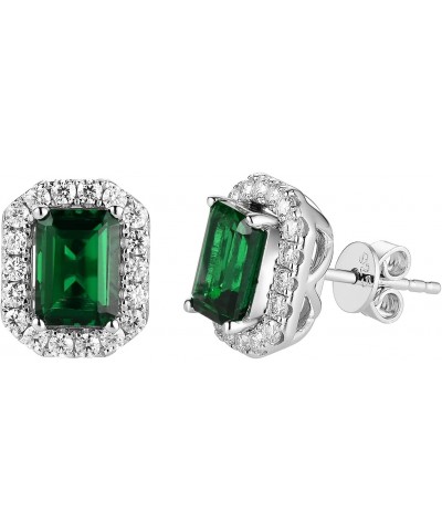 10K White Gold Post Emerald Stud Earrings for Women 2ct Center 5x7mm Emerald Cut Zambia Emerald Halo Stud Earrings Accents Mo...