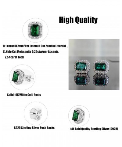 10K White Gold Post Emerald Stud Earrings for Women 2ct Center 5x7mm Emerald Cut Zambia Emerald Halo Stud Earrings Accents Mo...