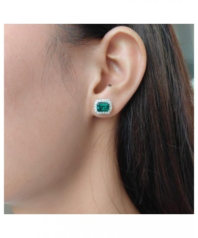 10K White Gold Post Emerald Stud Earrings for Women 2ct Center 5x7mm Emerald Cut Zambia Emerald Halo Stud Earrings Accents Mo...