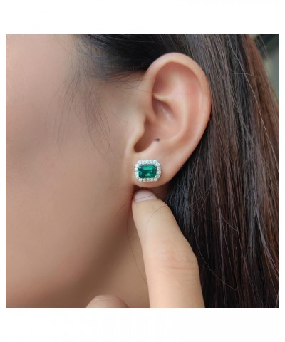 10K White Gold Post Emerald Stud Earrings for Women 2ct Center 5x7mm Emerald Cut Zambia Emerald Halo Stud Earrings Accents Mo...