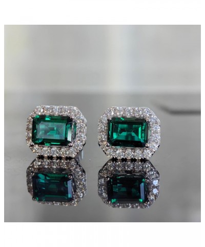 10K White Gold Post Emerald Stud Earrings for Women 2ct Center 5x7mm Emerald Cut Zambia Emerald Halo Stud Earrings Accents Mo...