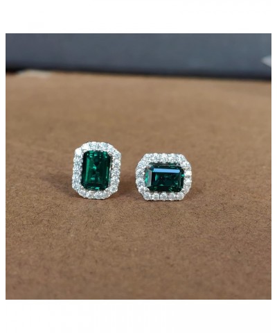 10K White Gold Post Emerald Stud Earrings for Women 2ct Center 5x7mm Emerald Cut Zambia Emerald Halo Stud Earrings Accents Mo...