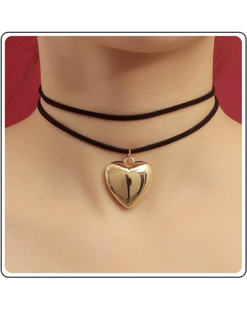 Gothic Heart Velvet Choker Necklace Chain Vintage Black Leather Choker Necklace Punk Gold Fluffy Love Heart Pendant Necklace ...