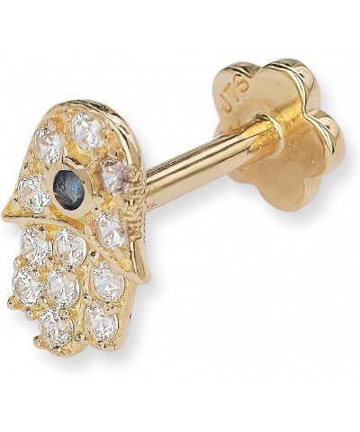 14k Yellow Gold 18G Cubic Zirconia Hamsa Hand of God Conch Tragus Helix Piercing Jewelry - 4mm x 7mm - Flat Back Stud Earring...