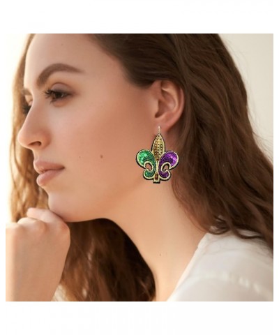 Cute Pair of Sequined Fleur De Lis Earrings for Women, Girls, Teens, and More. Great Pair of Purple, Green, Gold Dangle Sequi...