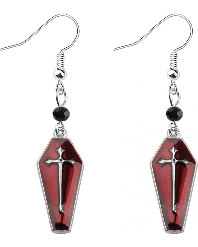 Gothic Cross Coffin Earrings Vampire Cross Pendant Jewelry Halloween Punk Blood Red Coffins Dangle Earrings For Women Girls C...