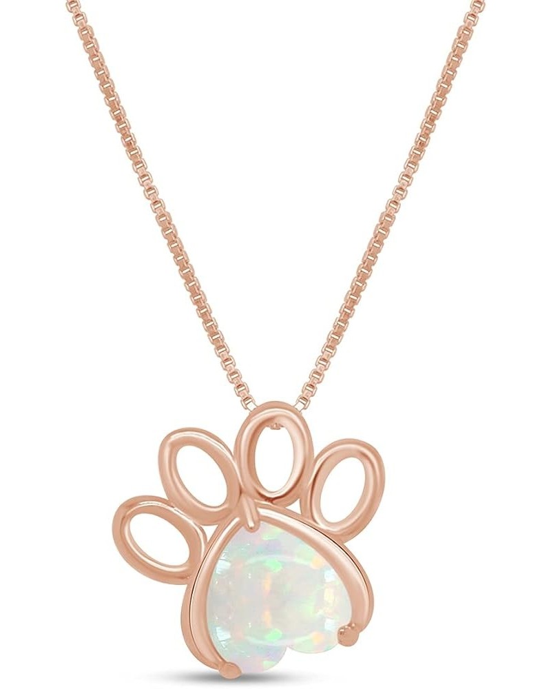 7MM Heart Cut White Created Opal Paw Print Pendant Necklace In 14K Gold Plated 925 Sterling Silver Along With 18"+2" Adjustab...