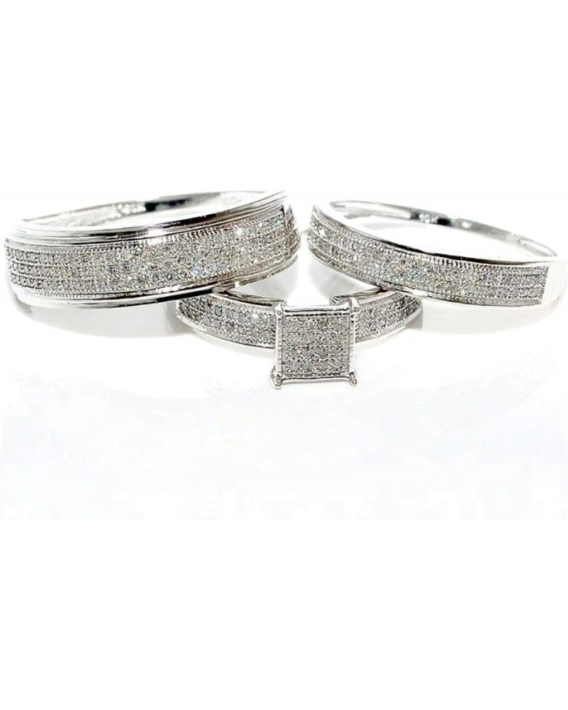 925 Sterling Silver Trio Engagement Wedding Ring Set for Him and Her 3-Piece Set Women's Size 11 & Men's Size 7 $66.00 Sets