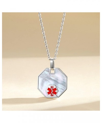 Custom Engraved Medical Alert Necklace for Men Women Pearl/Shell Shiny set in Stainless Steel Octagon Medical ID Pendant with...