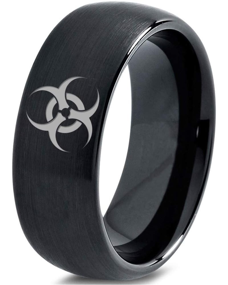 Biohazard Toxic Poison Symbol Ring - Tungsten Band 8mm - Men - Women - 18k Rose Gold Step Bevel Edge - Yellow - Grey - Blue -...