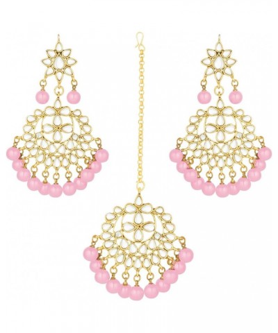 Earrings Maang Tikka Set Indian Fashion Jewelry For Women Pink $12.40 Jewelry Sets