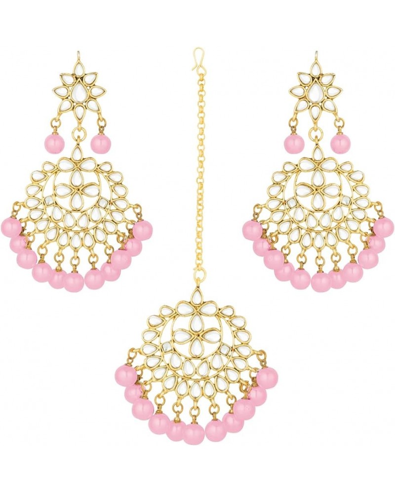 Earrings Maang Tikka Set Indian Fashion Jewelry For Women Pink $12.40 Jewelry Sets