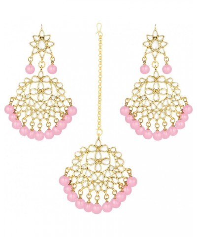 Earrings Maang Tikka Set Indian Fashion Jewelry For Women Pink $12.40 Jewelry Sets