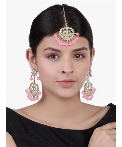 Earrings Maang Tikka Set Indian Fashion Jewelry For Women Pink $12.40 Jewelry Sets